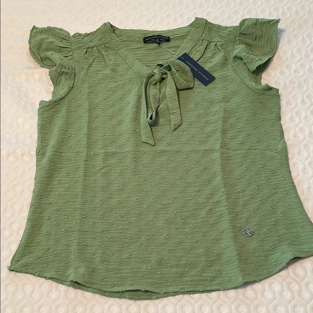 Adrienne Vittadini Green Flutter Sleeve Blouse with Tie Front